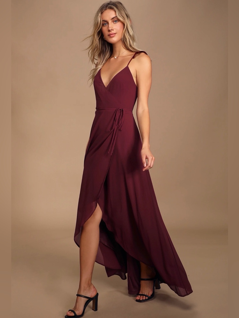Lulu’s Here's to Us Burgundy High-Low Wrap Dress XS